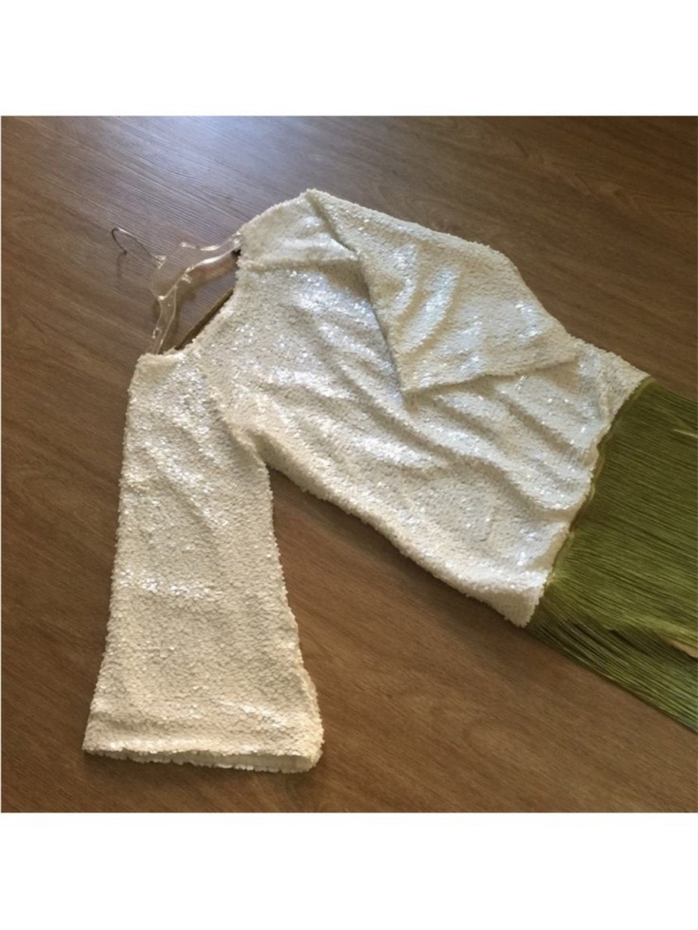 White Sequin Maxi Dress with Green Fringe Hem
